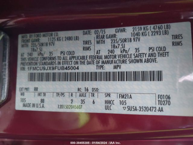 Photo 8 VIN: 1FMCU9JX9FUB45004 - FORD ESCAPE 