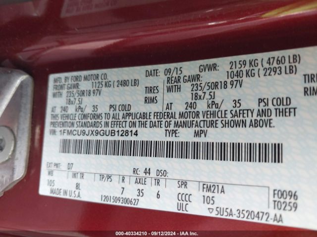 Photo 8 VIN: 1FMCU9JX9GUB12814 - FORD ESCAPE 