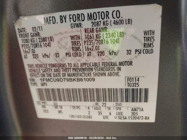 Photo 8 VIN: 1FMCUPD79BKB61009 - FORD ESCAPE 