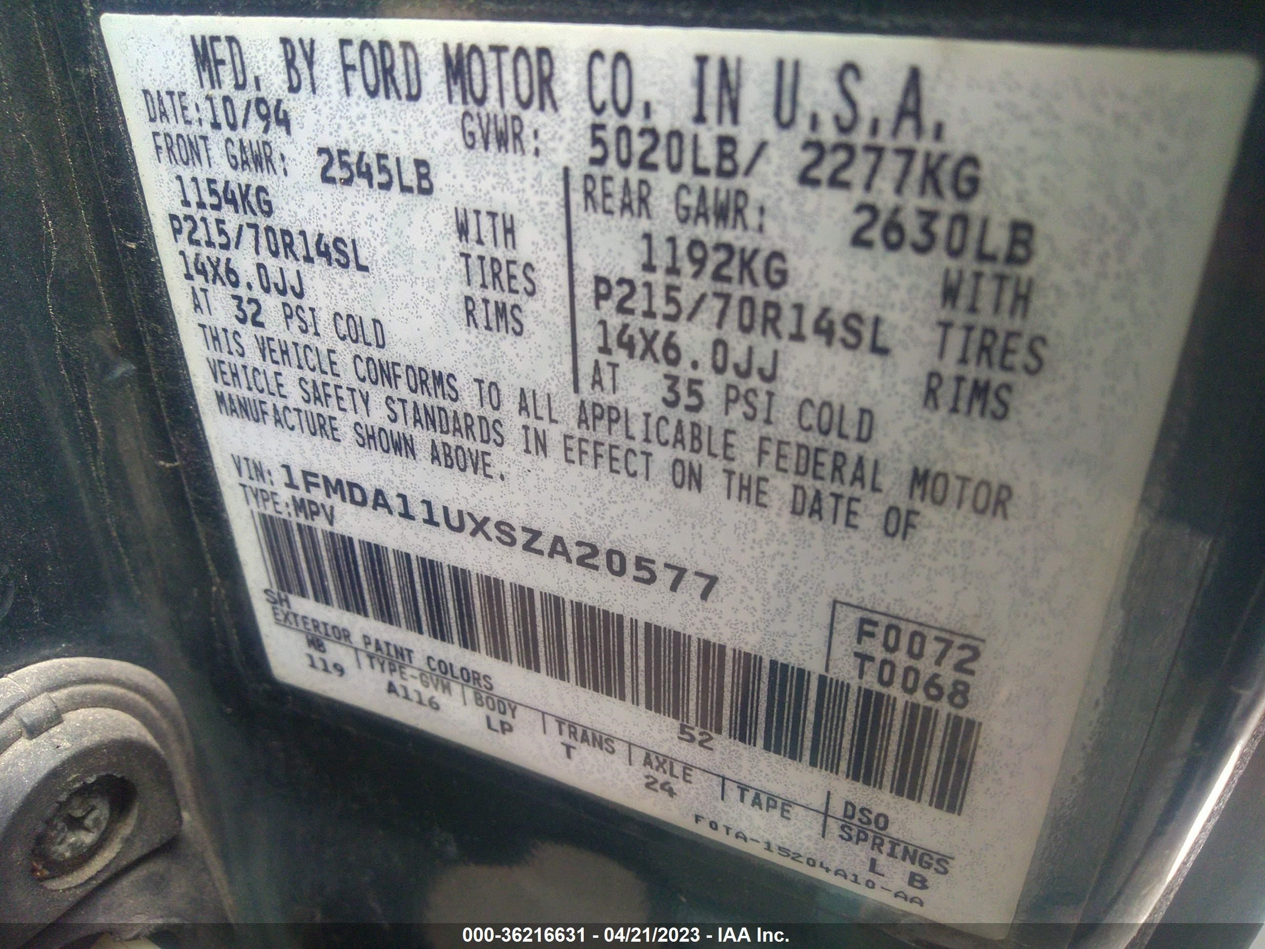 Photo 8 VIN: 1FMDA11UXSZA20577 - FORD AEROSTAR 