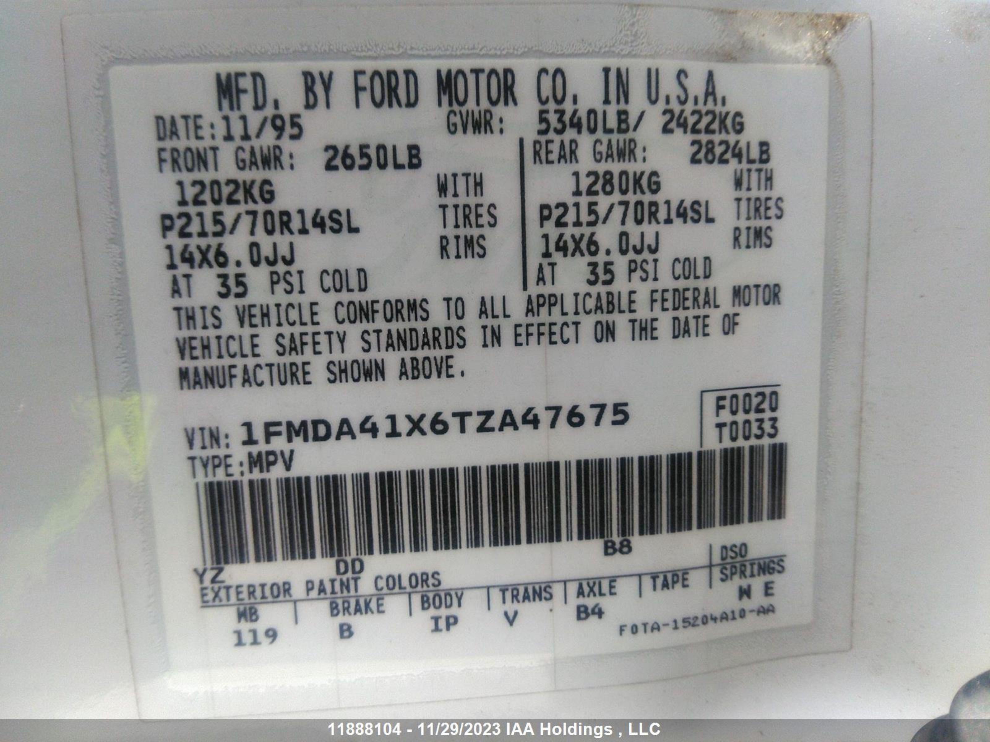 Photo 8 VIN: 1FMDA41X6TZA47675 - FORD AEROSTAR 