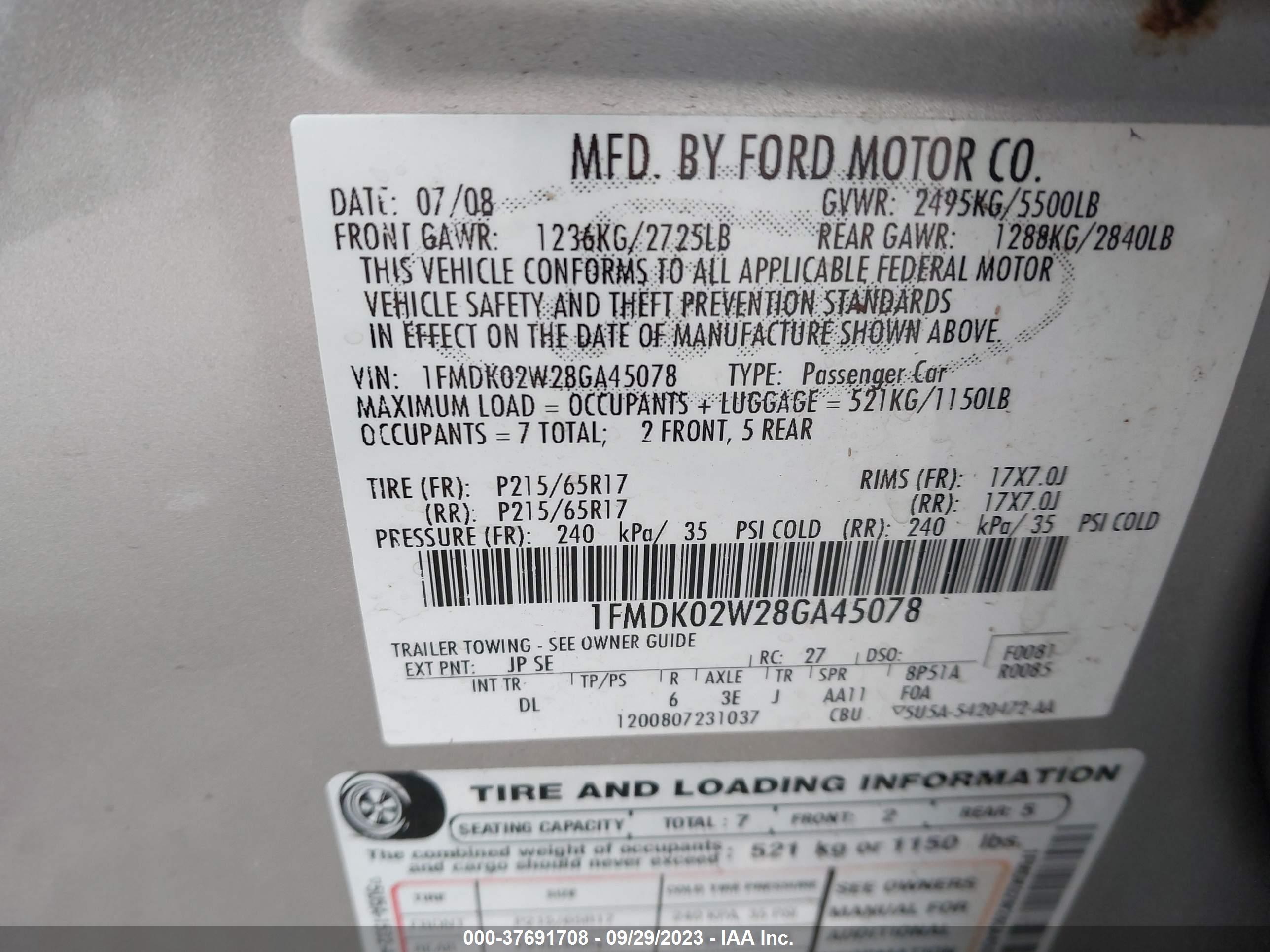 Photo 8 VIN: 1FMDK02W28GA45078 - FORD TAURUS X 