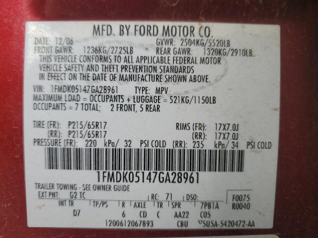 Photo 12 VIN: 1FMDK05147GA28961 - FORD FREESTYLE 