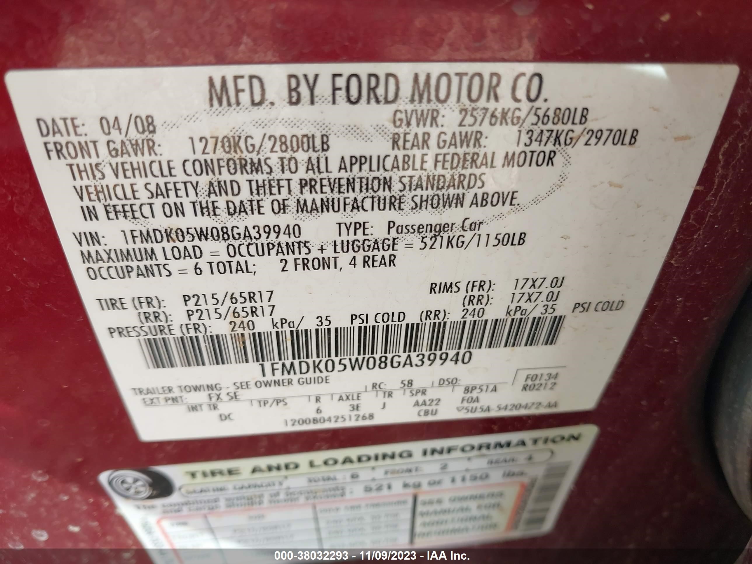 Photo 8 VIN: 1FMDK05W08GA39940 - FORD TAURUS X 