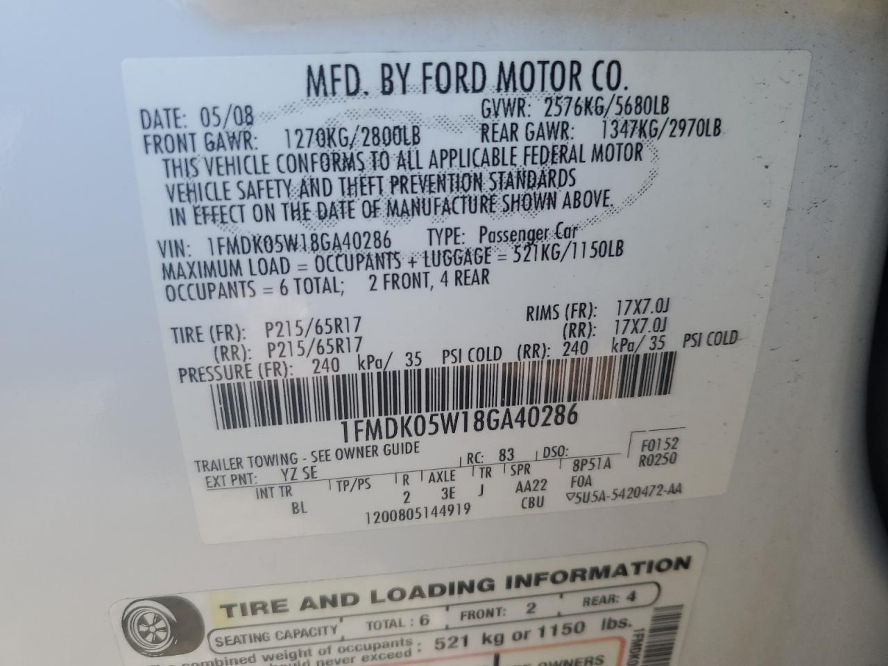 Photo 11 VIN: 1FMDK05W18GA40286 - FORD TAURUS 