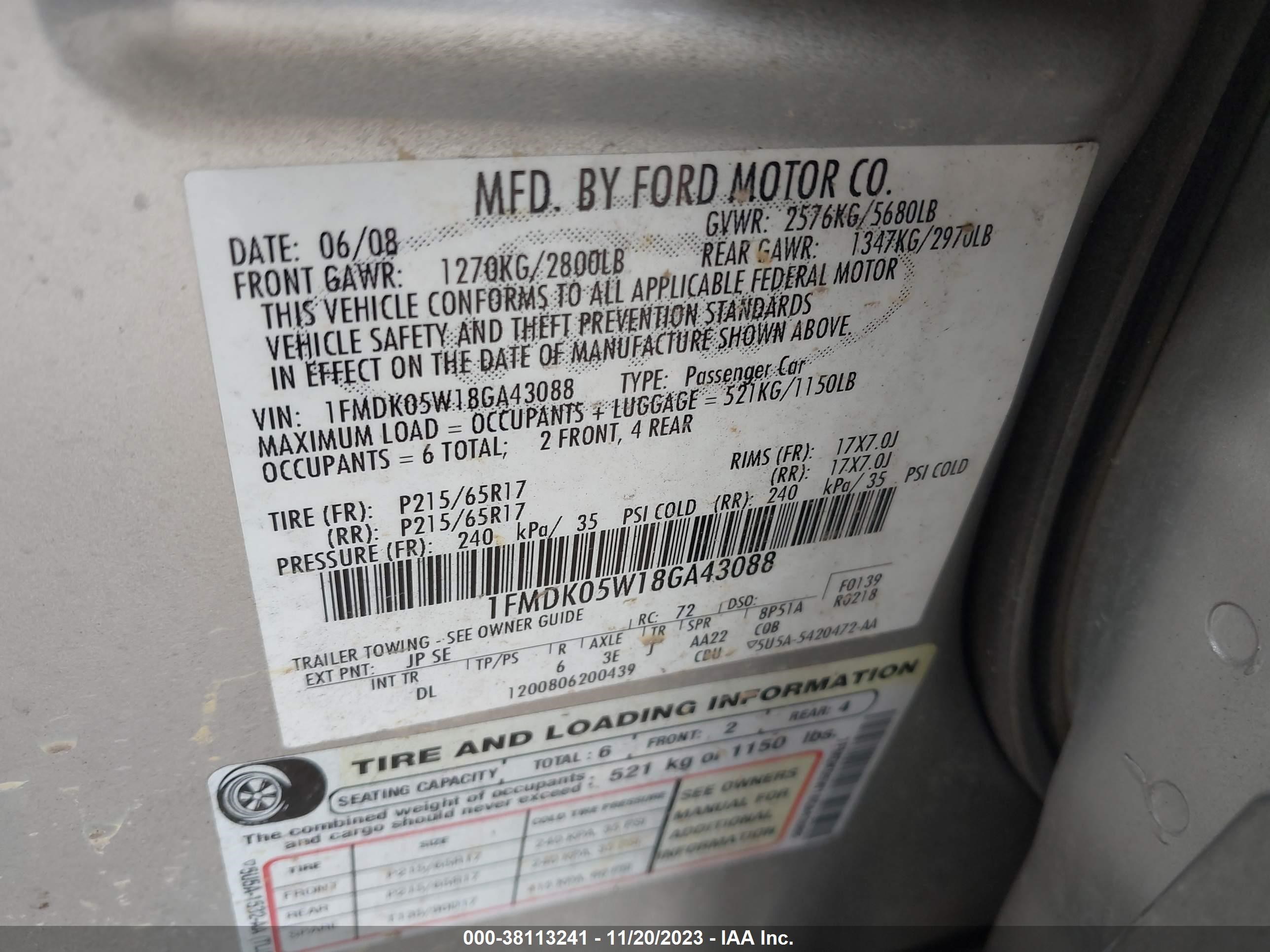 Photo 8 VIN: 1FMDK05W18GA43088 - FORD TAURUS X 