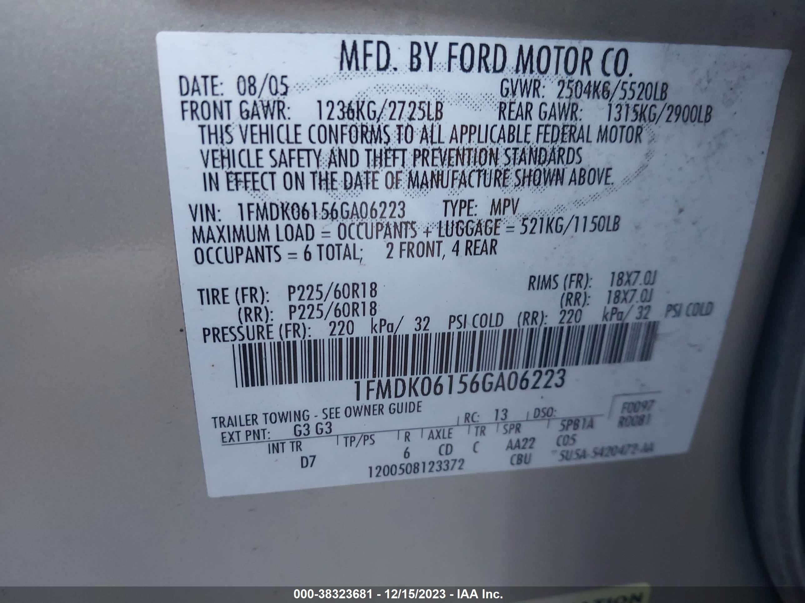 Photo 8 VIN: 1FMDK06156GA06223 - FORD FREESTYLE 