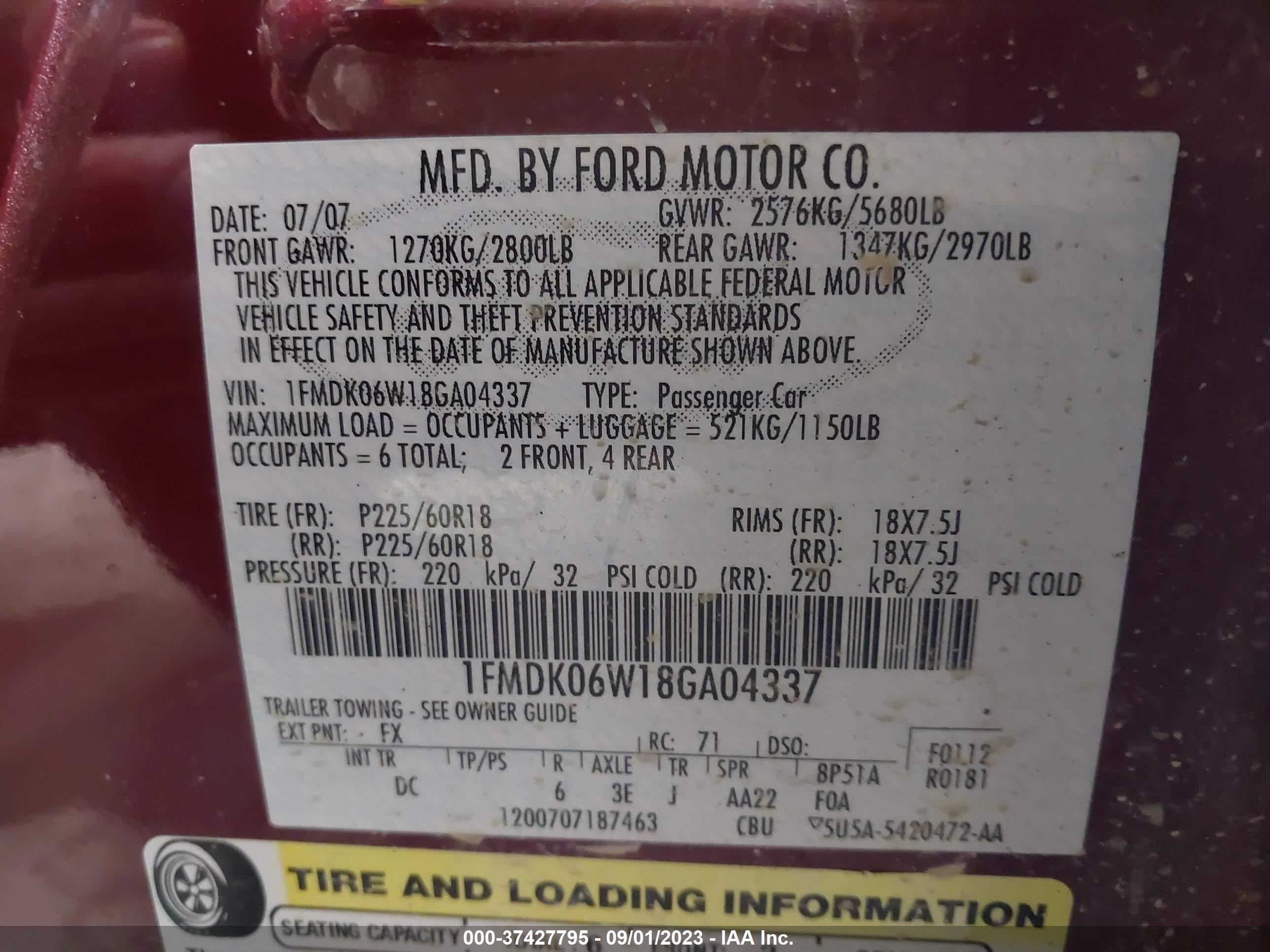 Photo 8 VIN: 1FMDK06W18GA04337 - FORD TAURUS X 