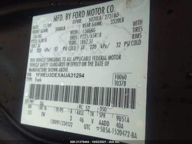 Photo 8 VIN: 1FMEU3DEXAUA31294 - FORD EXPLORER SPORT TRAC 