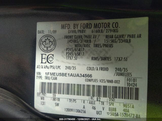 Photo 8 VIN: 1FMEU5BE1AUA34566 - FORD EXPLORER SPORT TRAC 