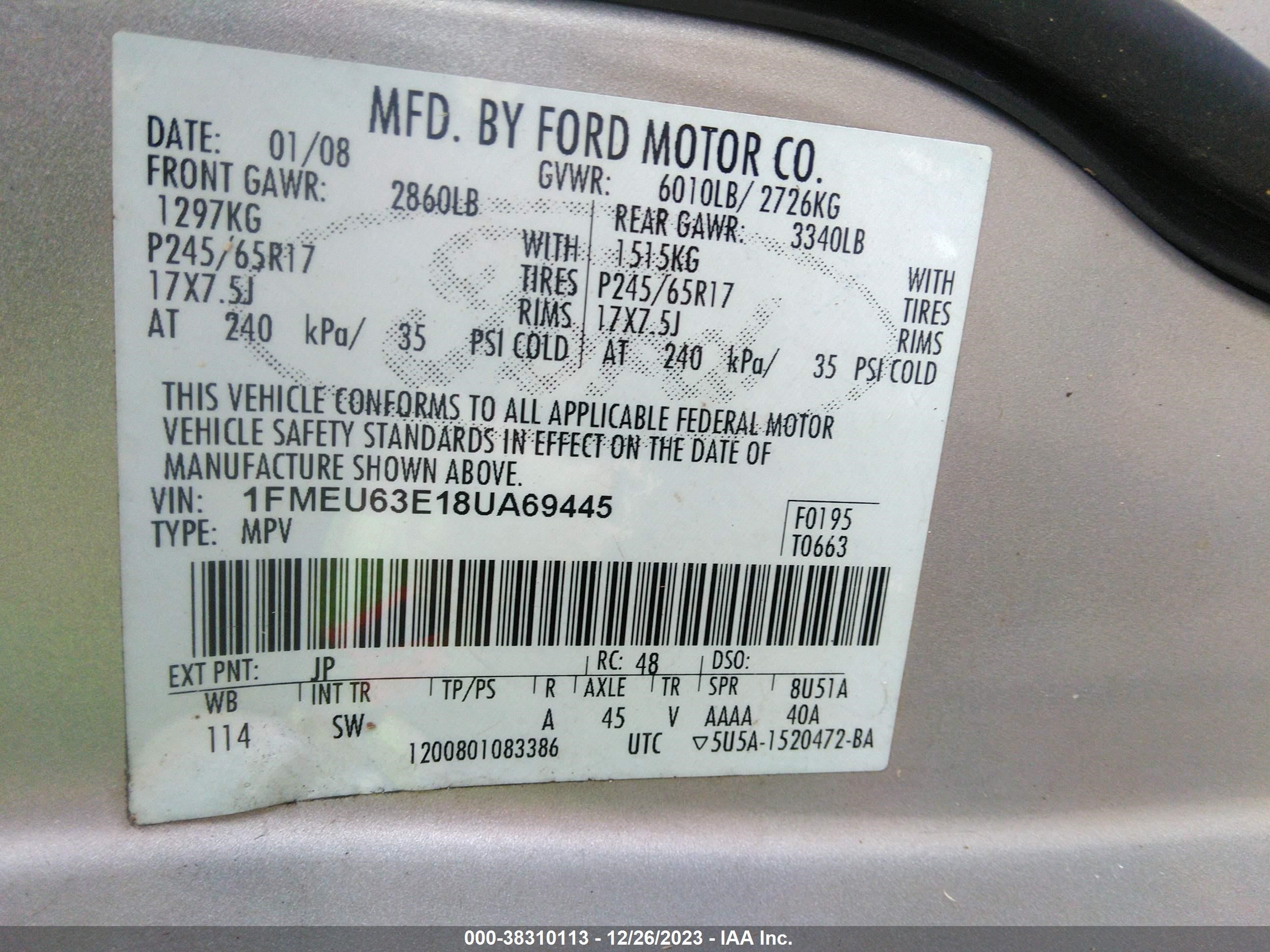 Photo 8 VIN: 1FMEU63E18UA69445 - FORD EXPLORER 