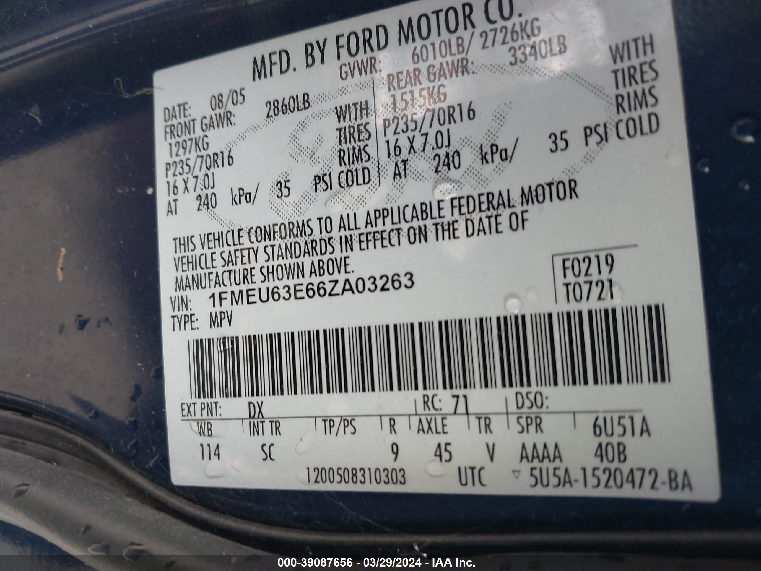 Photo 8 VIN: 1FMEU63E66ZA03263 - FORD EXPLORER 