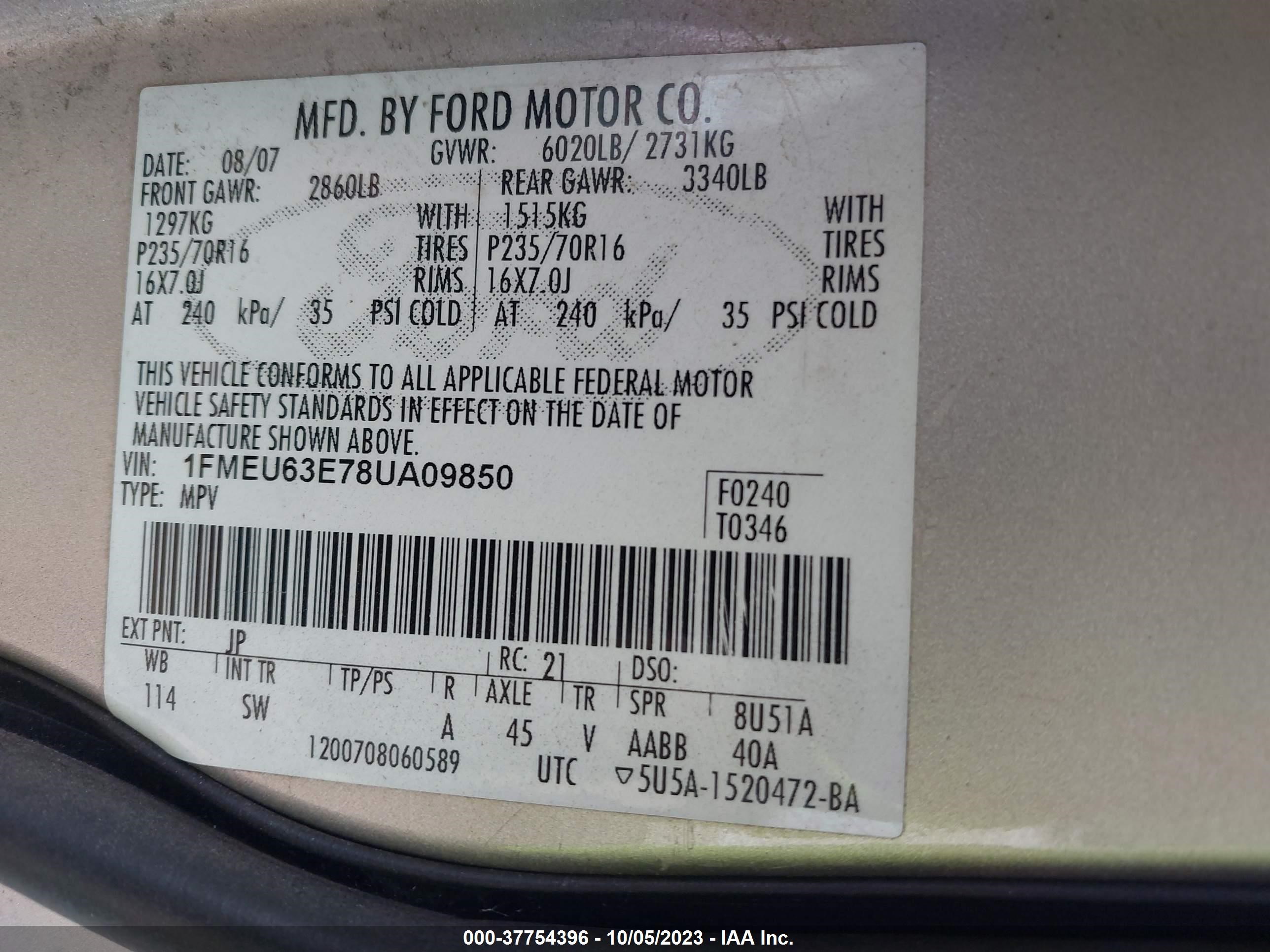 Photo 8 VIN: 1FMEU63E78UA09850 - FORD EXPLORER 