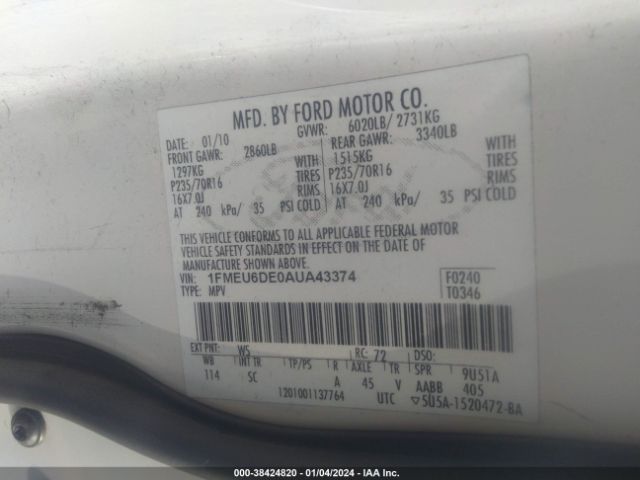 Photo 8 VIN: 1FMEU6DE0AUA43374 - FORD EXPLORER 