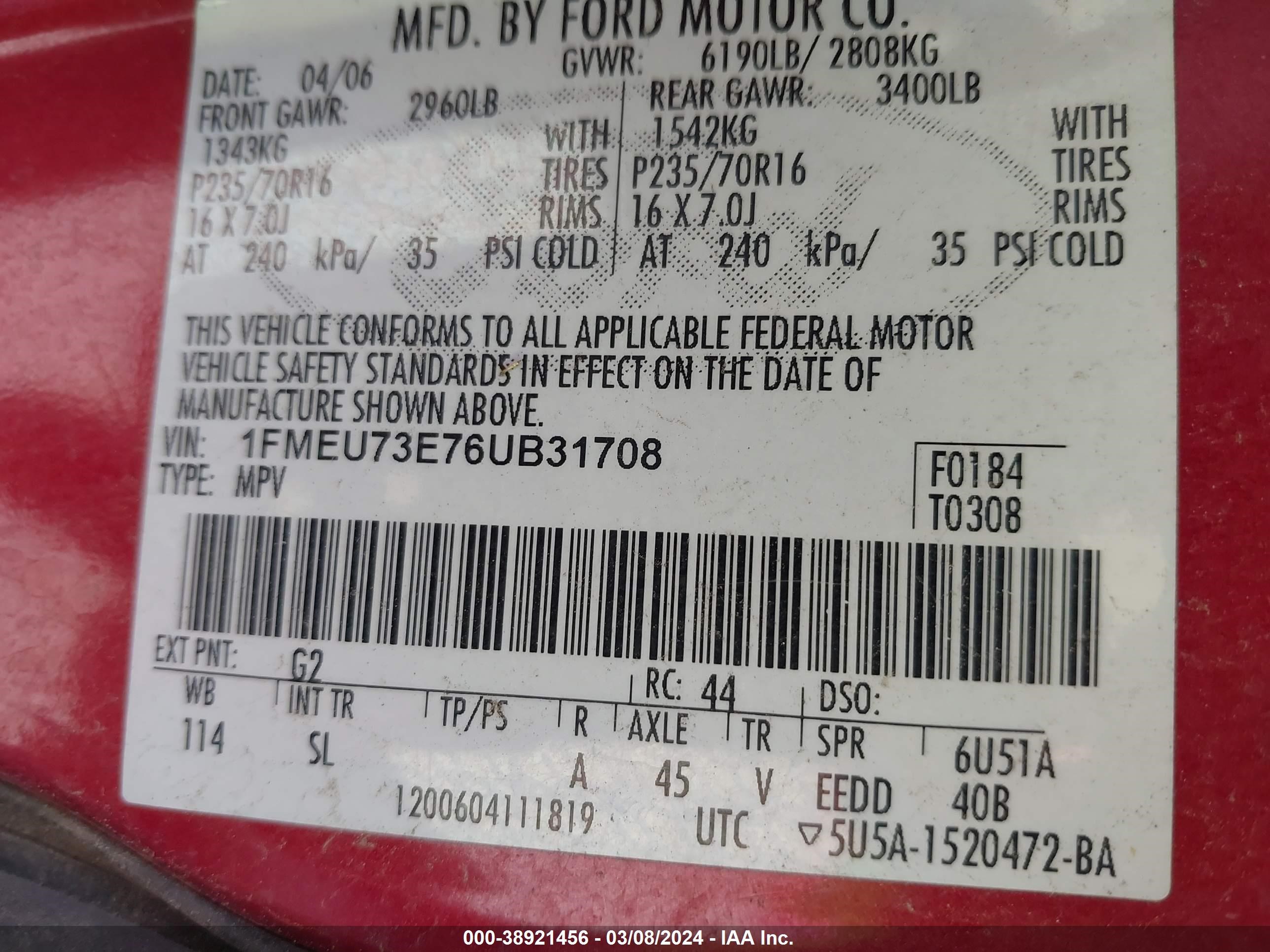 Photo 8 VIN: 1FMEU73E76UB31708 - FORD EXPLORER 