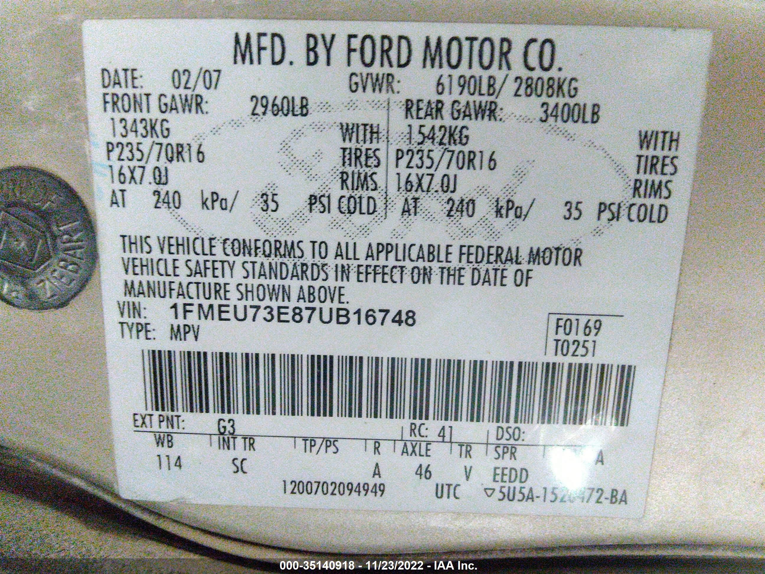 Photo 8 VIN: 1FMEU73E87UB16748 - FORD EXPLORER 