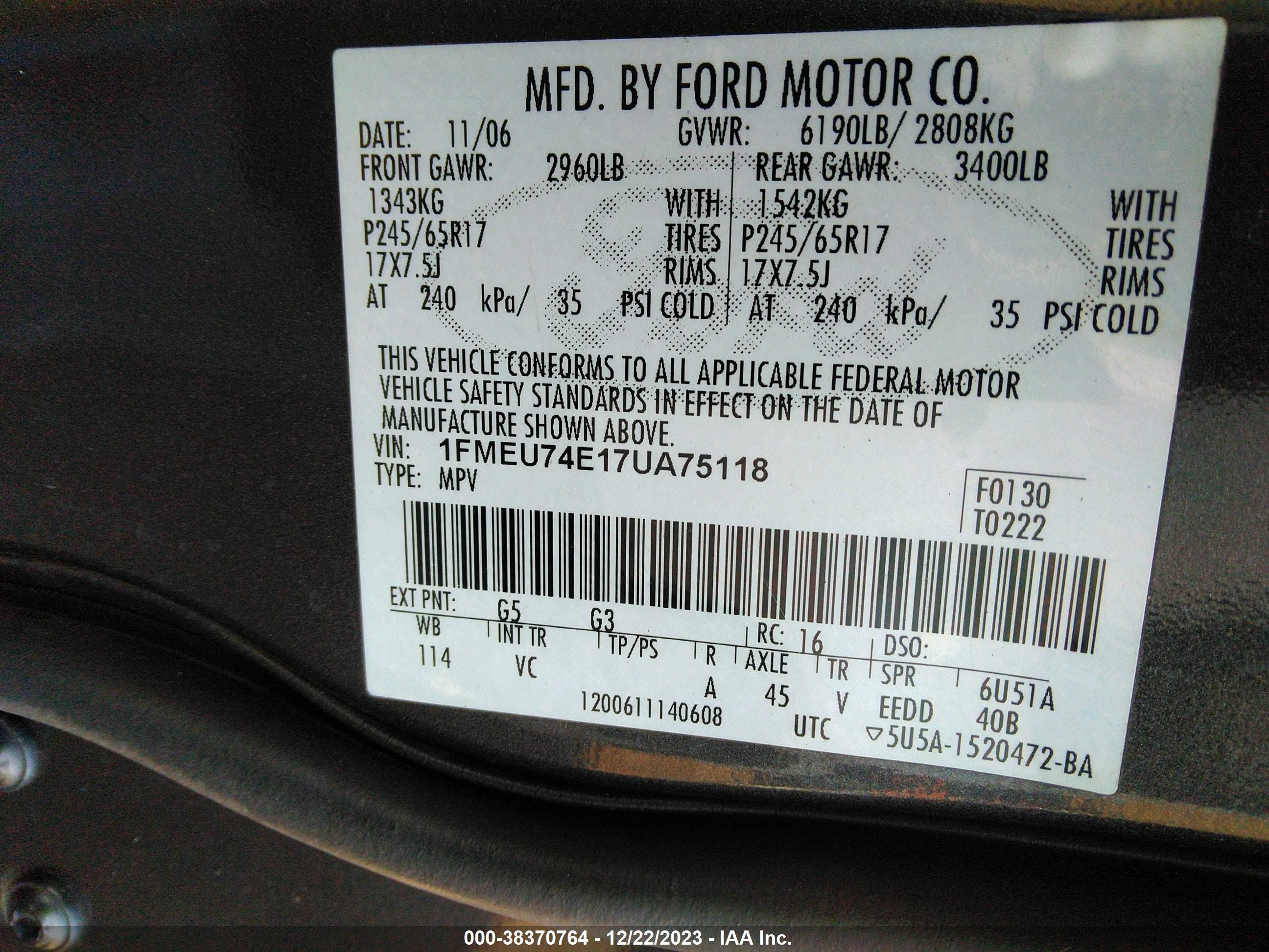 Photo 8 VIN: 1FMEU74E17UA75118 - FORD EXPLORER 