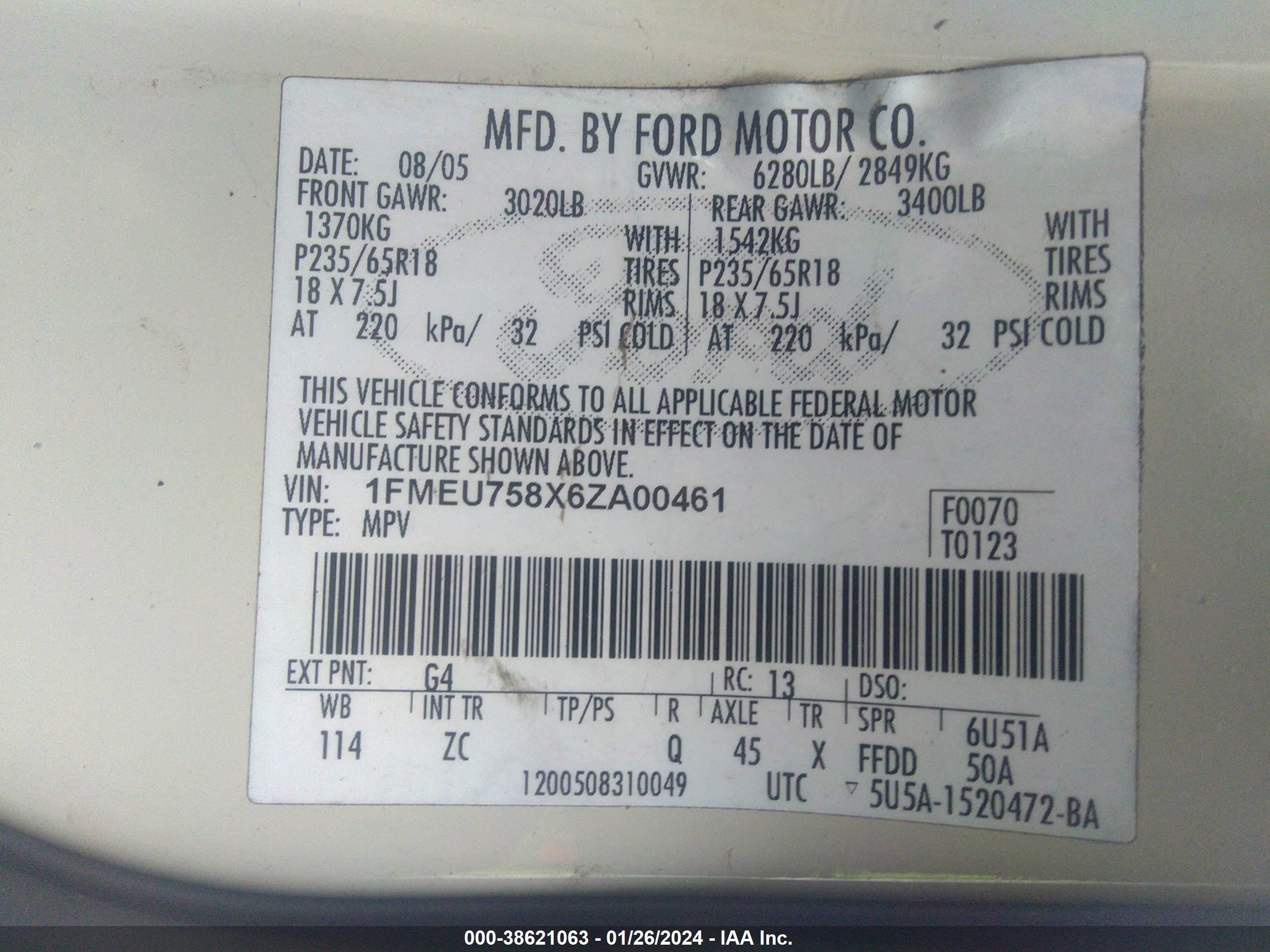 Photo 8 VIN: 1FMEU758X6ZA00461 - FORD EXPLORER 