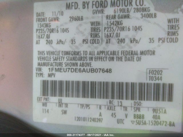 Photo 8 VIN: 1FMEU7DE6AUB07648 - FORD EXPLORER 