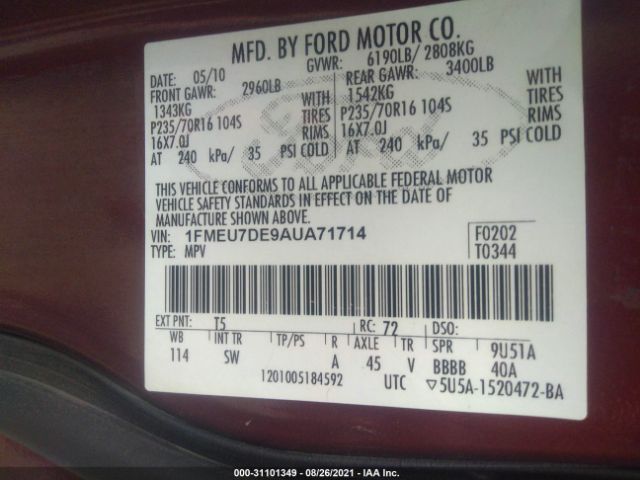 Photo 8 VIN: 1FMEU7DE9AUA71714 - FORD EXPLORER 