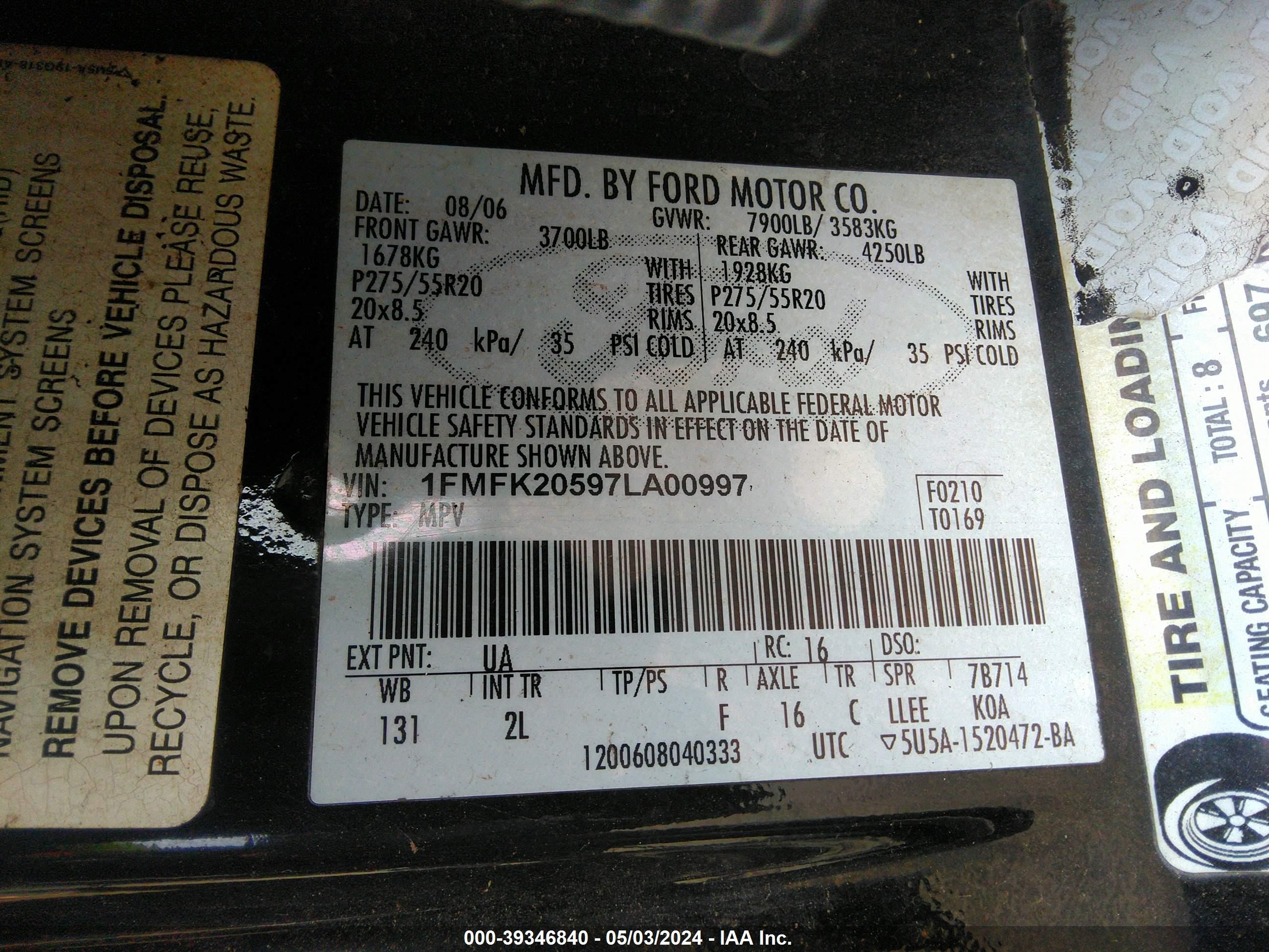 Photo 8 VIN: 1FMFK20597LA00997 - FORD EXPEDITION 