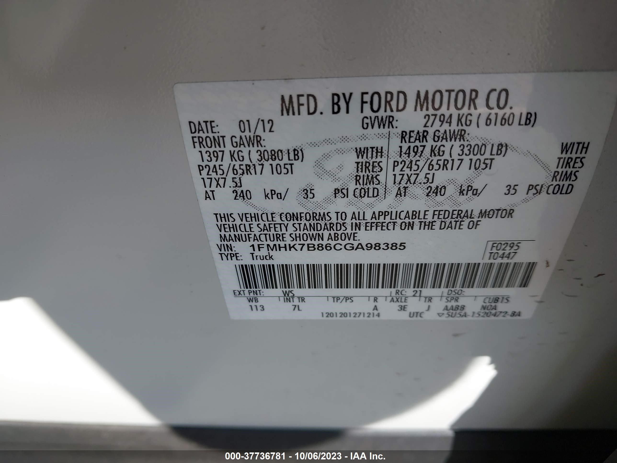 Photo 8 VIN: 1FMHK7B86CGA98385 - FORD EXPLORER 