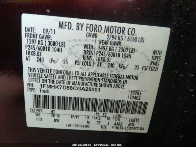 Photo 8 VIN: 1FMHK7D88CGA25001 - FORD EXPLORER 