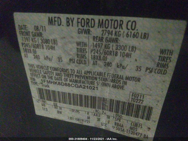 Photo 8 VIN: 1FMHK8D88CGA21021 - FORD EXPLORER 