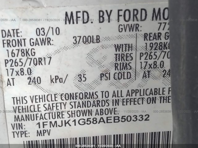 Photo 8 VIN: 1FMJK1G58AEB50332 - FORD EXPEDITION EL 