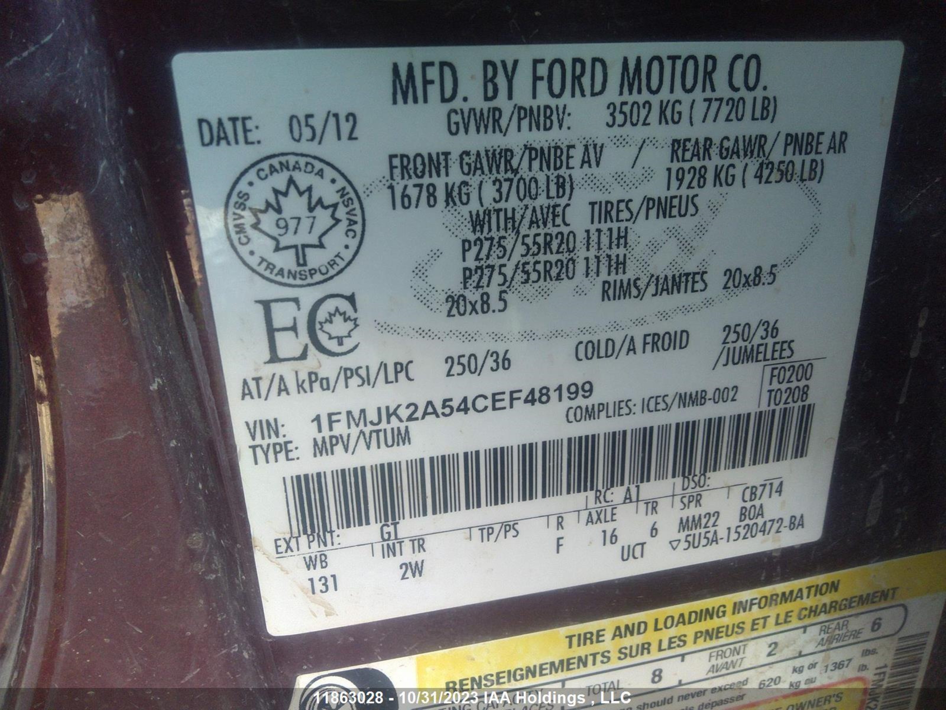 Photo 8 VIN: 1FMJK2A54CEF48199 - FORD EXPEDITION 