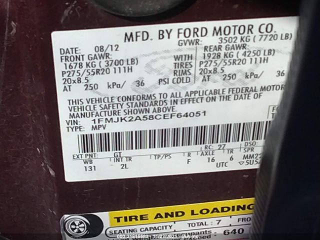 Photo 8 VIN: 1FMJK2A58CEF64051 - FORD EXPEDITION EL 