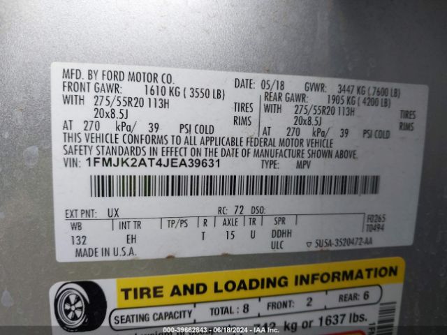 Photo 8 VIN: 1FMJK2AT4JEA39631 - FORD EXPEDITION MAX 