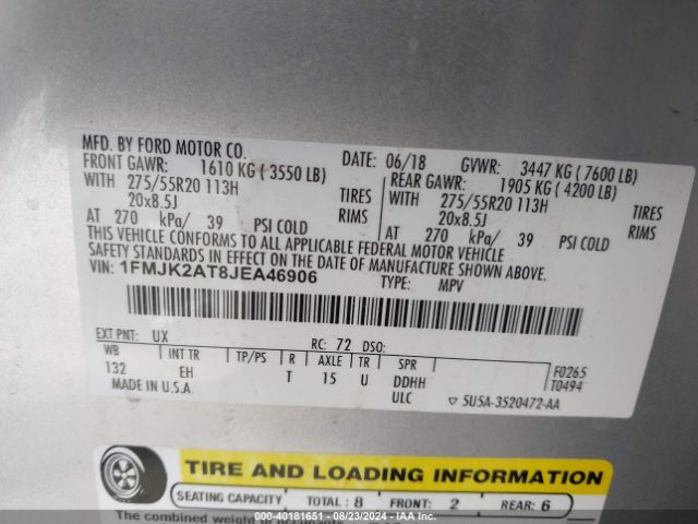 Photo 8 VIN: 1FMJK2AT8JEA46906 - FORD EXPEDITION MAX 