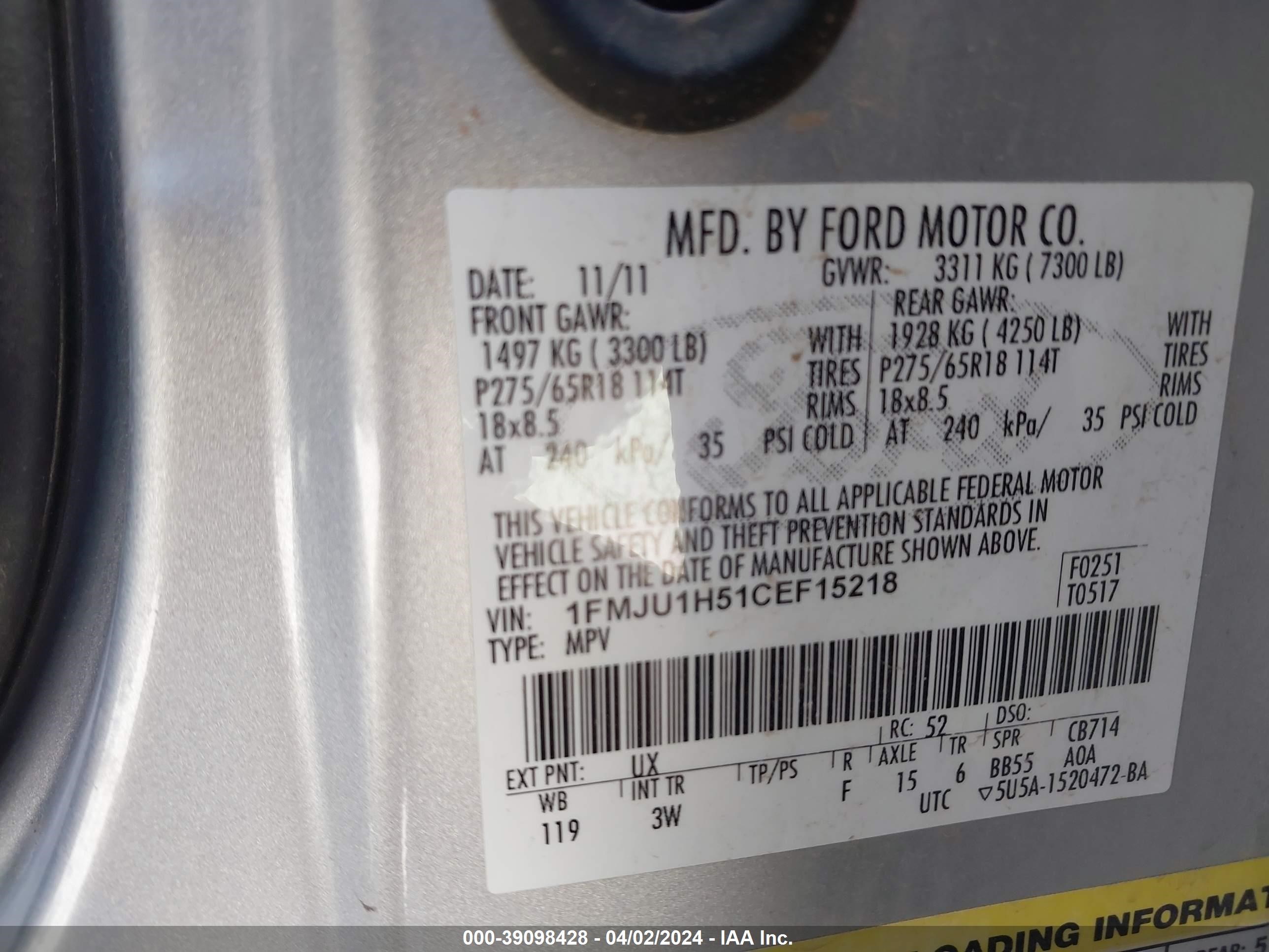 Photo 8 VIN: 1FMJU1H51CEF15218 - FORD EXPEDITION 