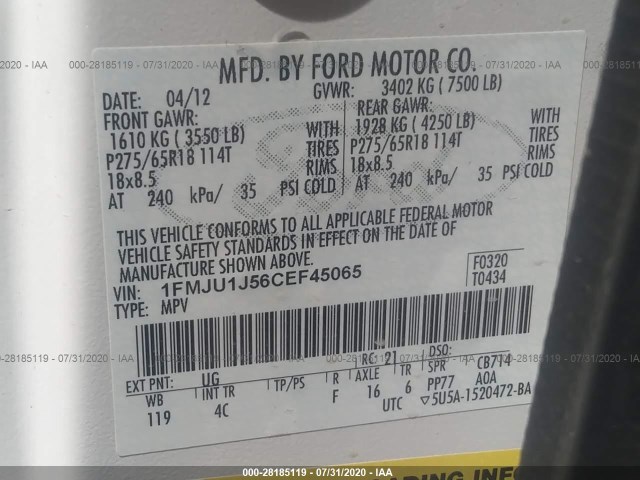 Photo 8 VIN: 1FMJU1J56CEF45065 - FORD EXPEDITION 