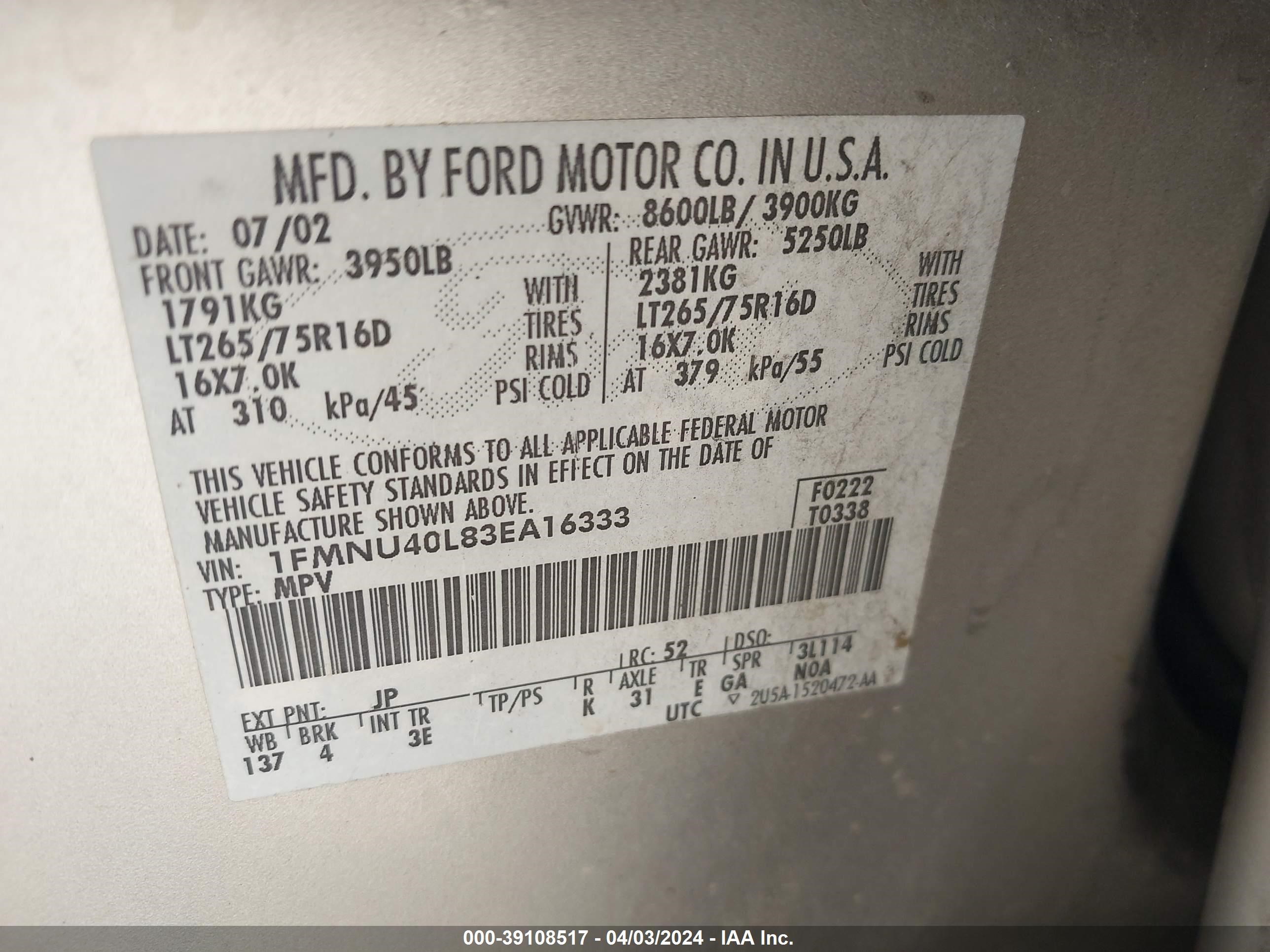 Photo 8 VIN: 1FMNU40L83EA16333 - FORD EXCURSION 