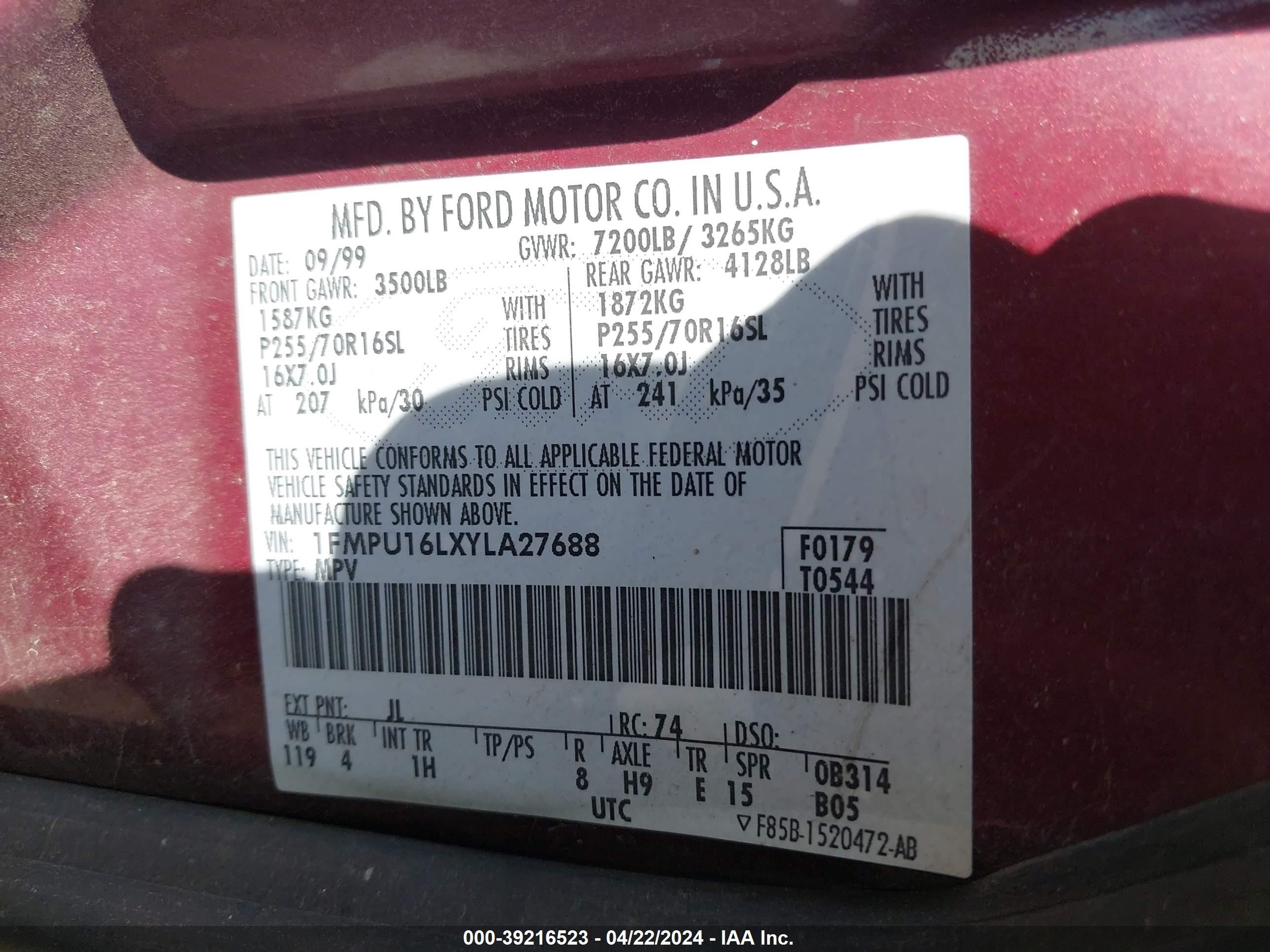 Photo 8 VIN: 1FMPU16LXYLA27688 - FORD EXPEDITION 