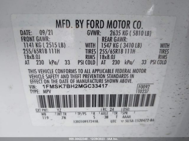 Photo 8 VIN: 1FMSK7BH2MGC33417 - FORD EXPLORER 