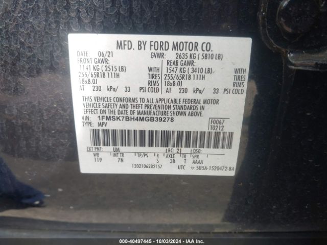 Photo 8 VIN: 1FMSK7BH4MGB39278 - FORD EXPLORER 