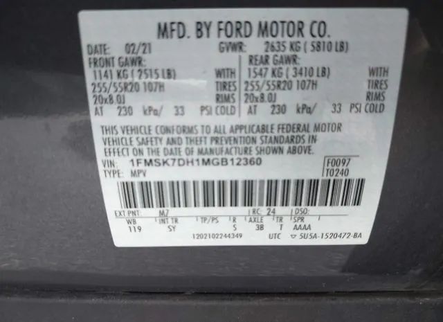 Photo 8 VIN: 1FMSK7DH1MGB12360 - FORD EXPLORER 