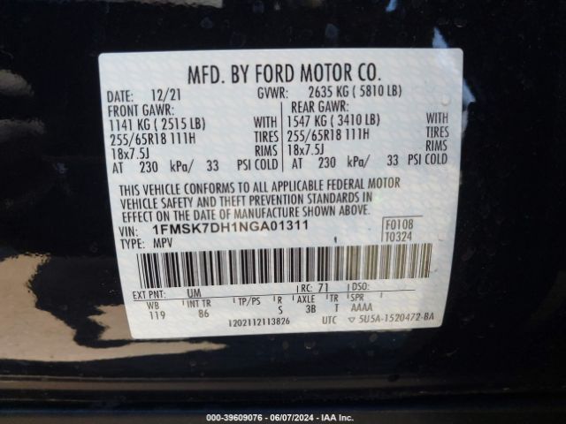 Photo 8 VIN: 1FMSK7DH1NGA01311 - FORD EXPLORER 