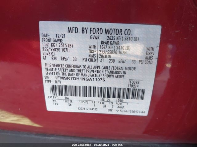 Photo 8 VIN: 1FMSK7DH1NGA11076 - FORD EXPLORER 