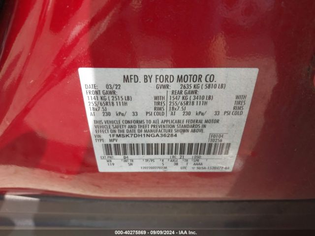 Photo 8 VIN: 1FMSK7DH1NGA36284 - FORD EXPLORER 