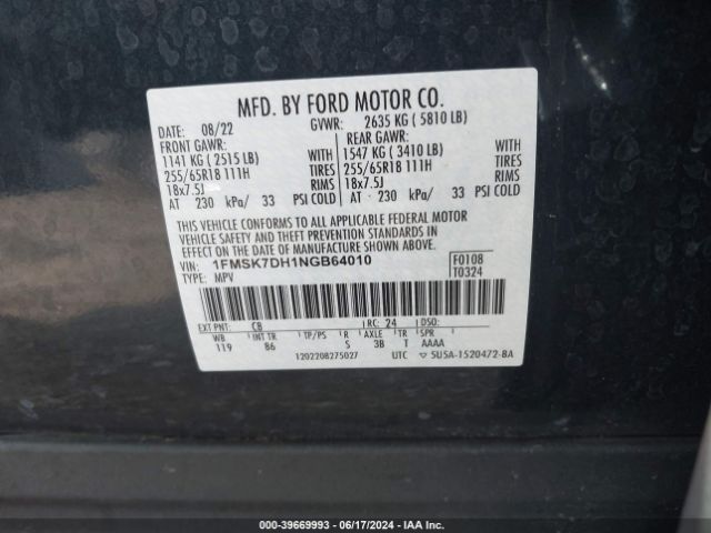 Photo 8 VIN: 1FMSK7DH1NGB64010 - FORD EXPLORER 