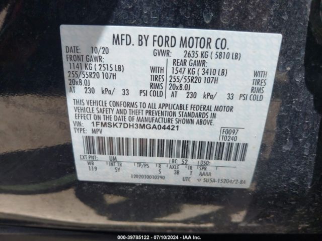 Photo 8 VIN: 1FMSK7DH3MGA04421 - FORD EXPLORER 