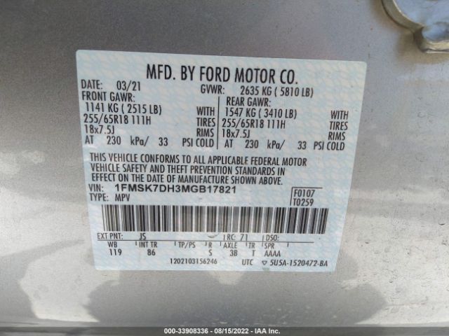 Photo 8 VIN: 1FMSK7DH3MGB17821 - FORD EXPLORER 