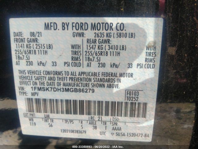 Photo 8 VIN: 1FMSK7DH3MGB86279 - FORD EXPLORER 