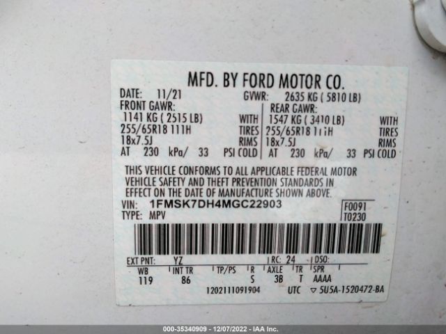 Photo 8 VIN: 1FMSK7DH4MGC22903 - FORD EXPLORER 