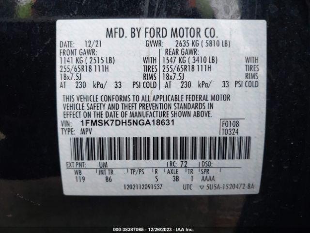 Photo 8 VIN: 1FMSK7DH5NGA18631 - FORD EXPLORER 