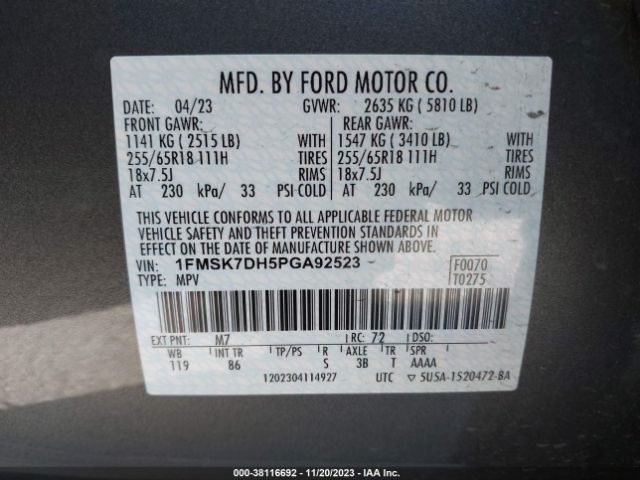 Photo 8 VIN: 1FMSK7DH5PGA92523 - FORD EXPLORER 